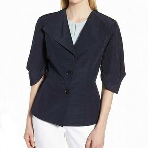 Lewit Linen Blend $399 Navy Night Half Sleeve Double Buff  Blazer Size Large